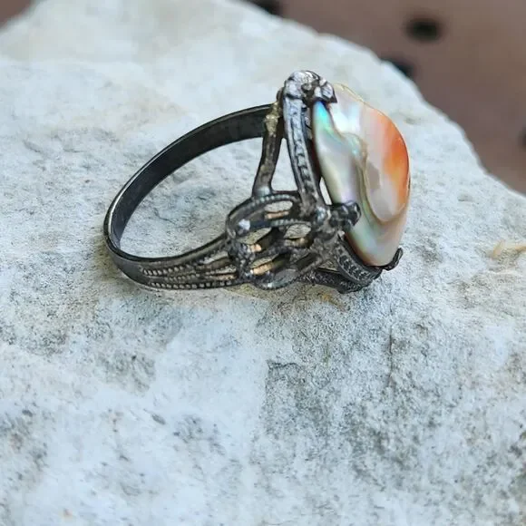 Antique Victorian sterling blister pearl ring SZ 6.75 - Picture 5 of 7